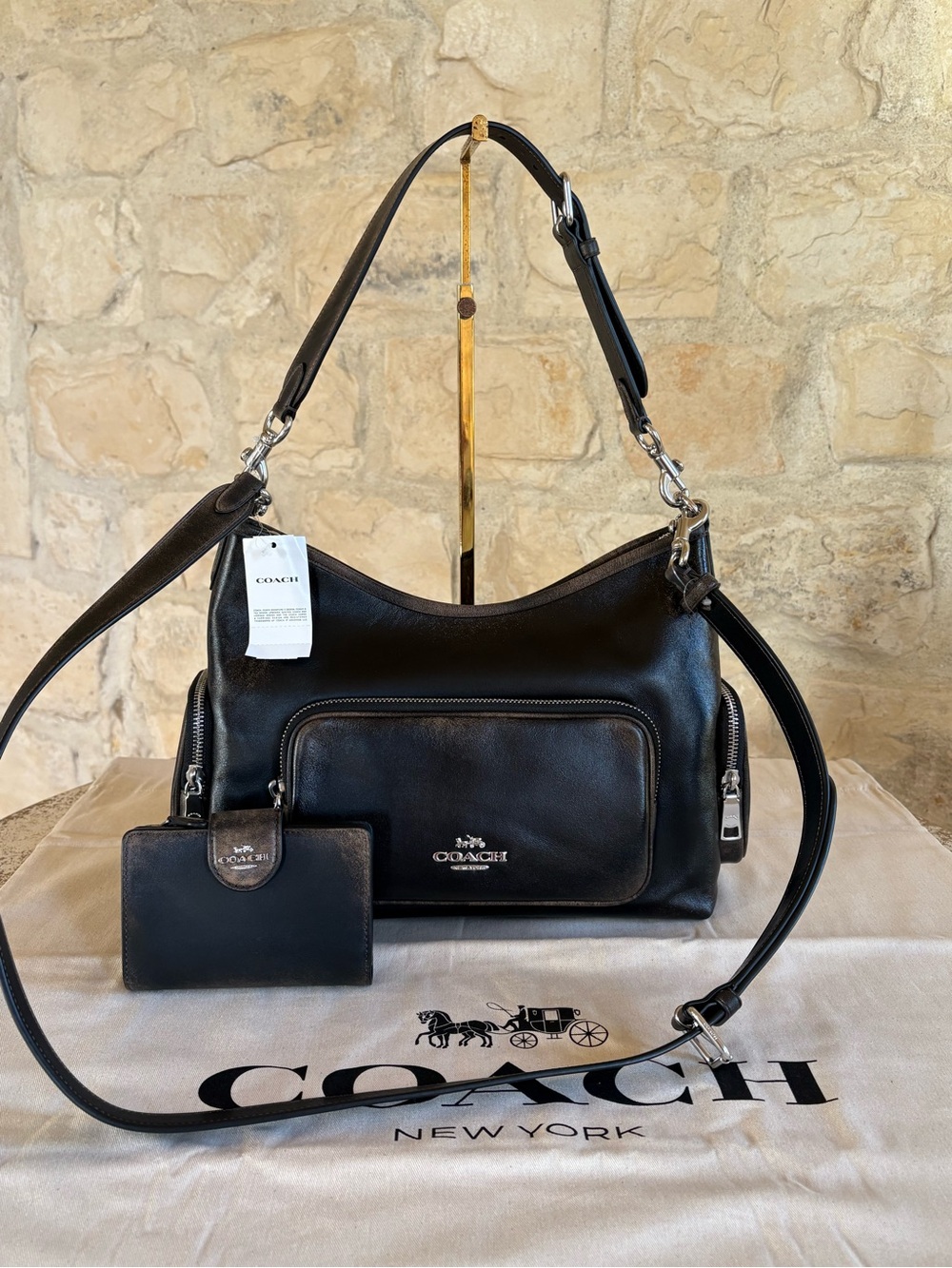 COACH Black Leather Shoulder Bag with Matching Wallet
